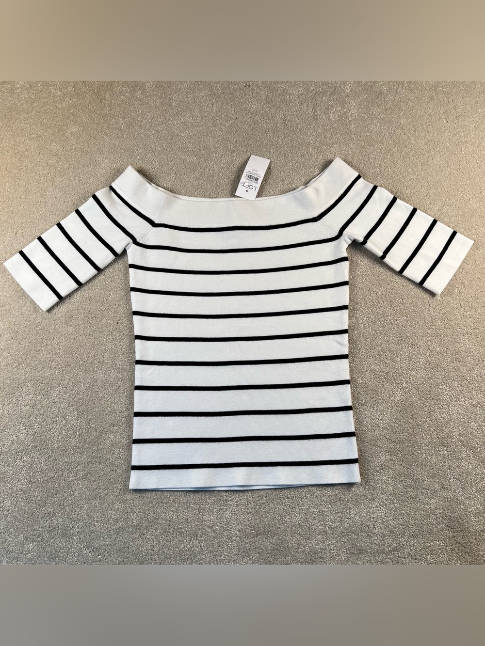 Loft Sweater White Stripes Off the Shoulder NWT 3 Quarter Sleeves Women's XXS
